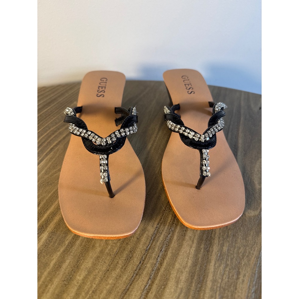 Guess Sandra Wedge Sandals Women's 7 Black Rhinestone Leather Thong Heel New - Picture 2 of 8